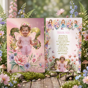 Whimsical fairy Photo 1st birthday  Thank You Card