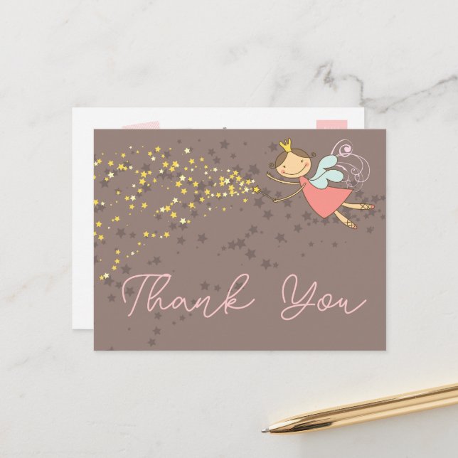 Whimsical Fairy Princess Girl Birthday Thank You Postcard (Front/Back In Situ)