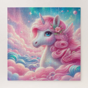 Whimsical fairy tale pink and blue unicorn jigsaw puzzle