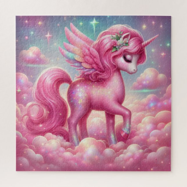 Whimsical fairy tale pink glitter and blue unicorn jigsaw puzzle (Vertical)