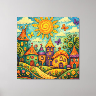 Whimsical Fairy Tale Village Colorful Canvas Art