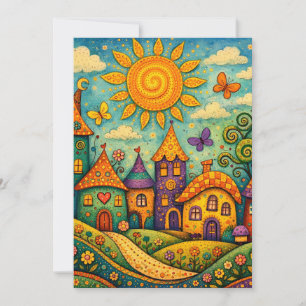 Whimsical Fairy Tale Village Colorful Canvas Art Invitation