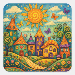 Whimsical Fairy Tale Village Colorful Canvas Art Square Sticker