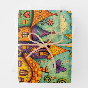 Whimsical Fairy Tale Village Colorful Canvas Art Wrapping Paper Sheet