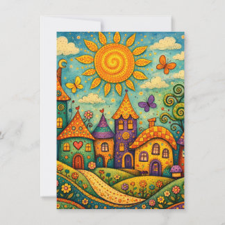 Whimsical Fairy Tale Village Colourful Canvas Art Thank You Card