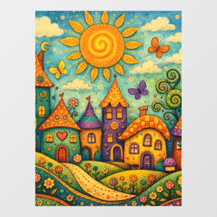 Whimsical Fairy Tale Village Colourful Canvas Art Window Cling