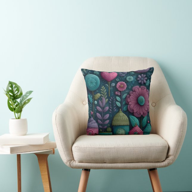 Whimsical Fairytale Floral Pattern Throw Pillow (Chair)