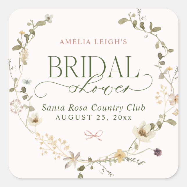 Whimsical Fairytale Garden & Bows Bridal Shower Square Sticker (Front)