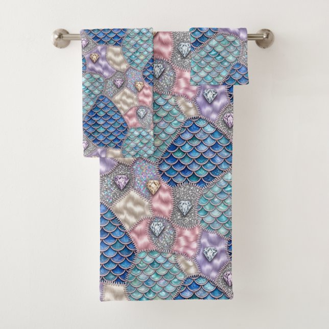 Whimsical Fairytale | Mermaid Unicorn Patchwork Bath Towel Set (Insitu)