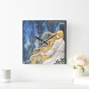 Whimsical Fairytale Vintage Rapunzel Art Nouveau Square Wall Clock