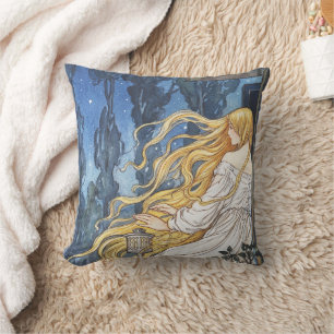 Whimsical Fairytale Vintage Rapunzel Art Nouveau Throw Pillow