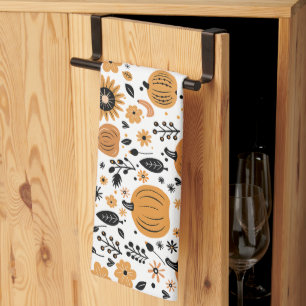 Whimsical Fall Autumn Pumpkin Floral Pattern Kitchen Towel