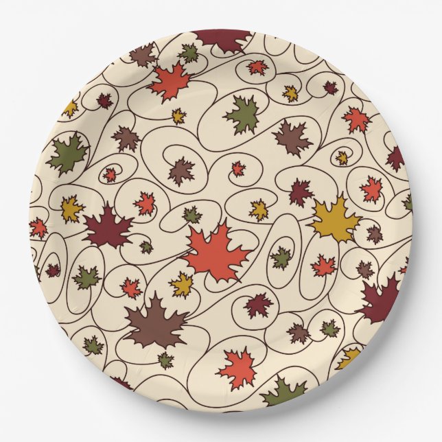 Whimsical Fall Curly Maple Leaf Pattern Paper Plate (Front)