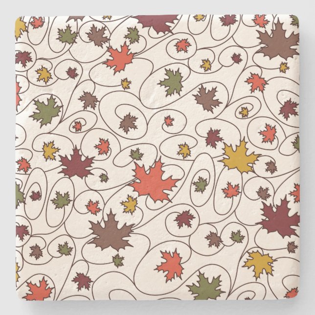 Whimsical Fall Curly Maple Leaf Pattern Stone Coaster (Front)