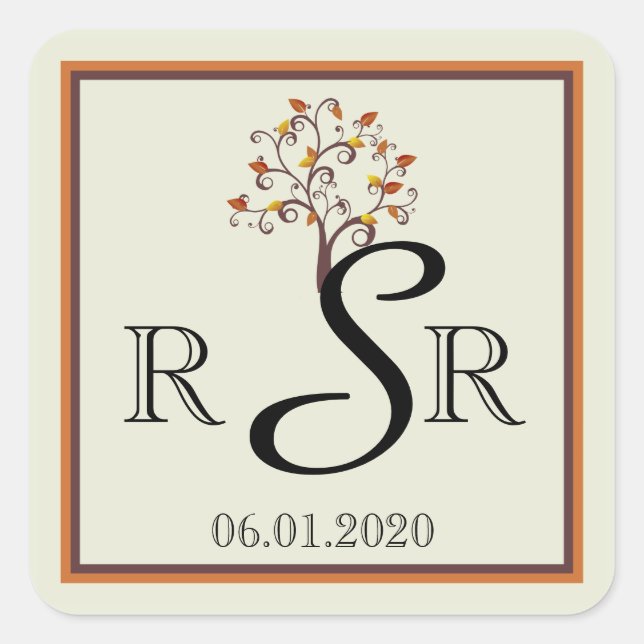 Whimsical Fall Tree Wedding Monogram Square Sticker (Front)