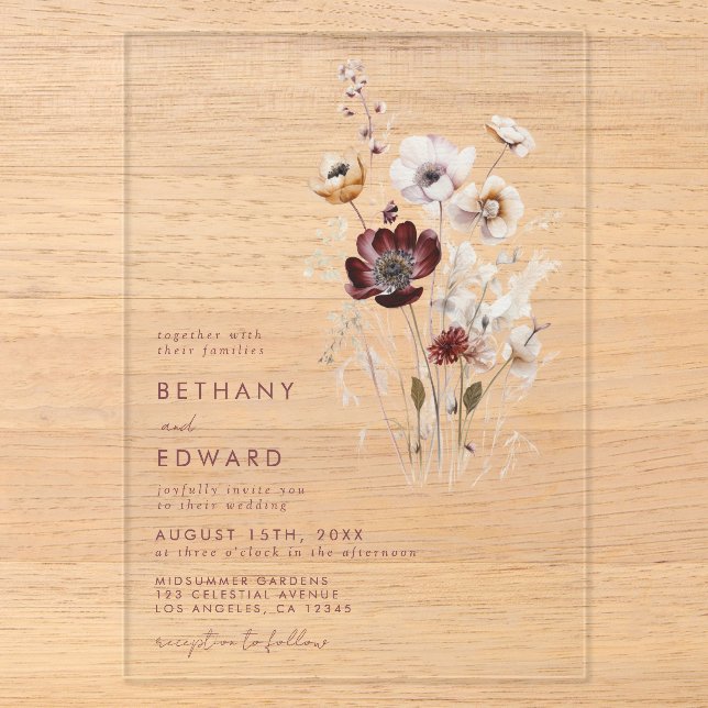 Whimsical Fall Wildflower Wedding Acrylic Invitations (Front)