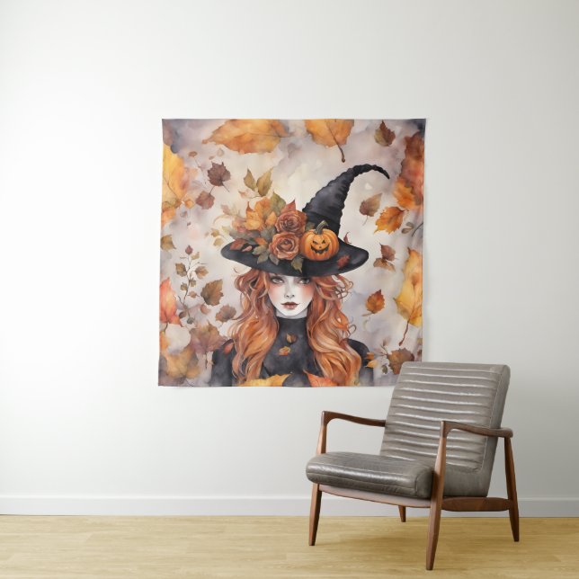 Whimsical Fall Witch  Tapestry (In Situ)