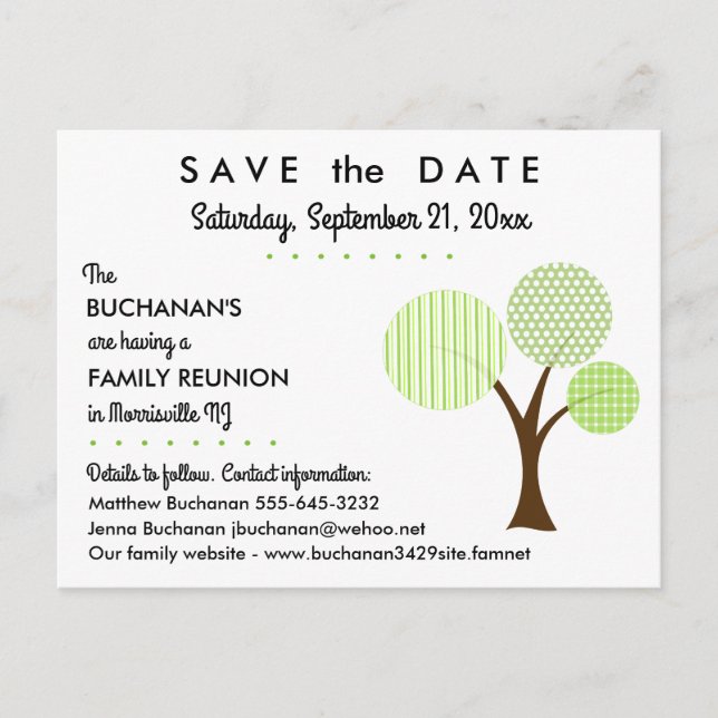 Whimsical Family Tree Reunion Save the Date Announcement Postcard (Front)