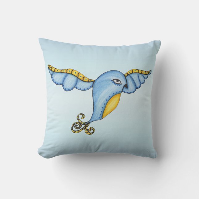 Whimsical Fancy Fantasy Blue Bird Yellow Accents Outdoor Pillow (Front)