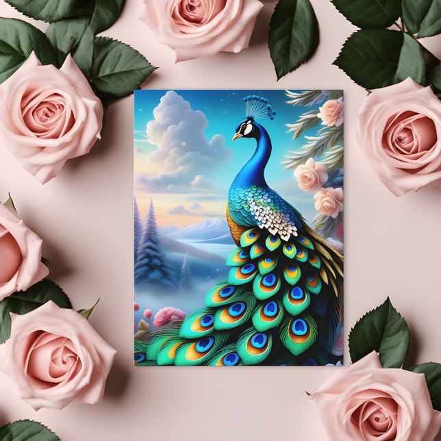 Whimsical Fantasy Art Rose Garden Peacock Postcard (🌹 Whimsical Elegance: Peacock in Winter Garden! ❄️)