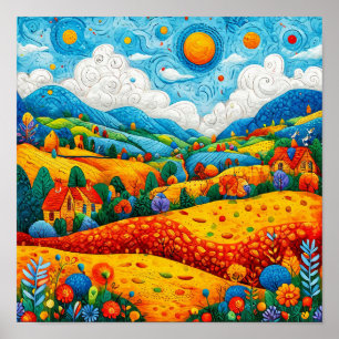 Whimsical Fantasy Cartoon Landscape 🌈🏞️✨🌸🧚 Poster