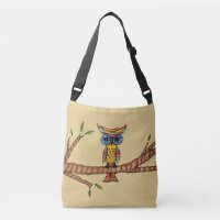 Whimsical Fantasy Colourful Owl on Tree Branch Tan