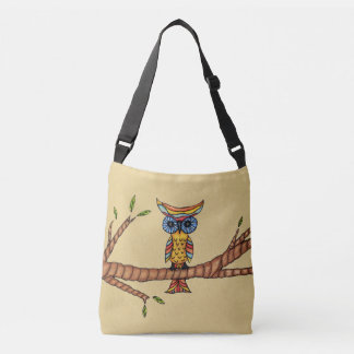 Whimsical Fantasy Colourful Owl on Tree Branch Tan Crossbody Bag