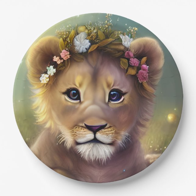 Whimsical Fantasy Cute Kawaii baby lion cub  Paper Plate (Front)