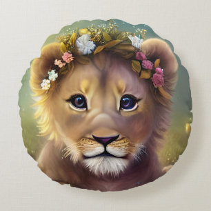 Whimsical Fantasy Cute Kawaii baby lion cub  Round Pillow