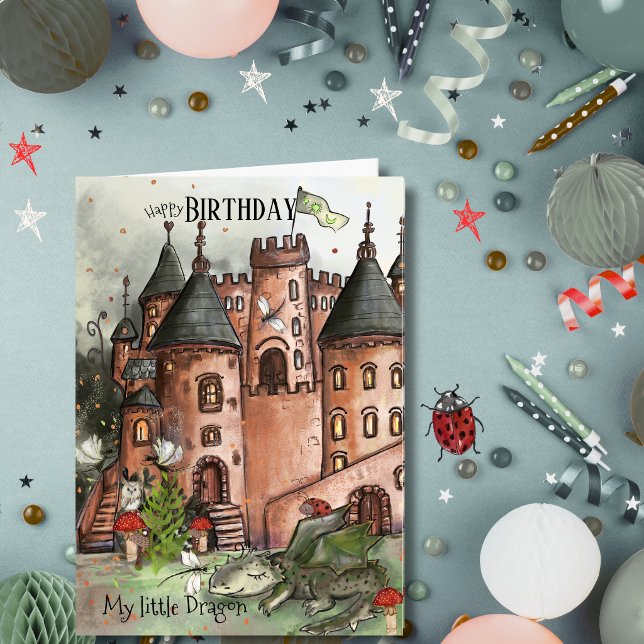 Whimsical Fantasy Dragon & Castle Birthday Card (Whimsical Fantasy Dragon & Castle Birthday Card)
