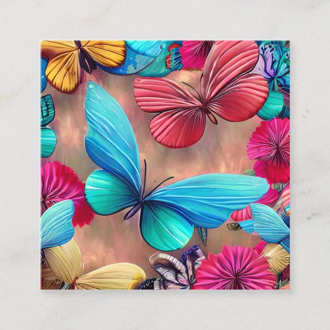 Whimsical fantasy flight of colourful butterflies  square business card (Front)