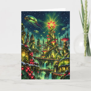 Whimsical Fantasy Greenhouse City with Poinsettia Holiday Card