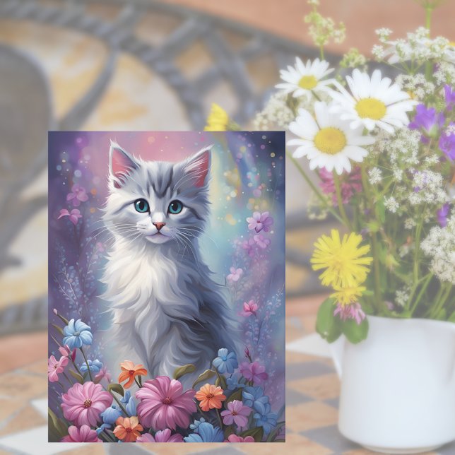 Whimsical Fantasy Kitten in Garden Cat Postcard (Magical Blooms, Pawsome Wishes! 🌸😺)