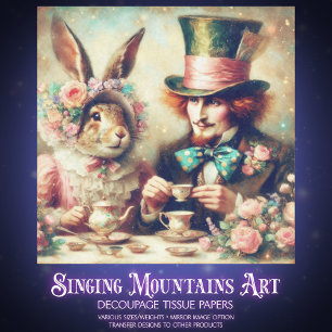 Whimsical Fantasy Mad Hatter Rabbit Tea Decoupage Tissue Paper
