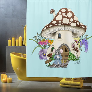 Whimsical Fantasy Mouse Mushroom House Floral Blue