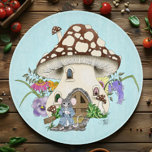 Whimsical Fantasy Mouse Mushroom House Floral Blue Cutting Board