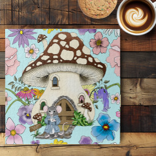 Whimsical Fantasy Mouse Mushroom House Floral Blue Jigsaw Puzzle