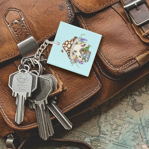 Whimsical Fantasy Mouse Mushroom House Floral Blue Keychain