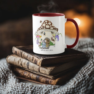 Whimsical Fantasy Mouse Mushroom House Floral Blue Mug