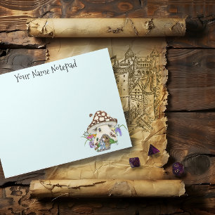 Whimsical Fantasy Mouse Mushroom House Floral Blue Notepad