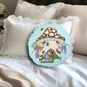 Whimsical Fantasy Mouse Mushroom House Floral Blue Round Pillow
