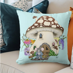 Whimsical Fantasy Mouse Mushroom House Floral Blue Throw Pillow