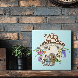 Whimsical Fantasy Mouse Mushroom House Floral Blue Tile