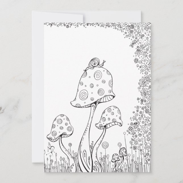 Whimsical Fantasy Mushroom Flower Colouring Card (Front)