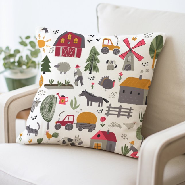 Whimsical Farm Scene Red Barn and Animals Throw Pillow (Creator Uploaded)