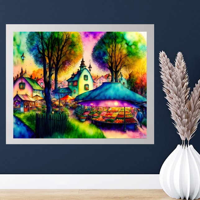 Whimsical Farmers Market Watercolor Poster (20x16 shown with added gray border mat.)