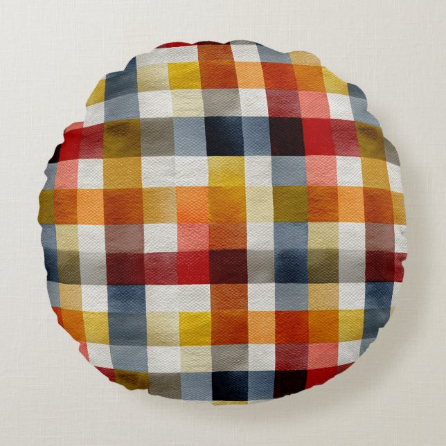 Whimsical Farmhouse Watercolor Plaid Round Pillow (Front)