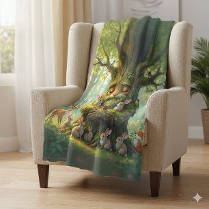Whimsical Father Tree with Woodland Creatures Fleece Blanket