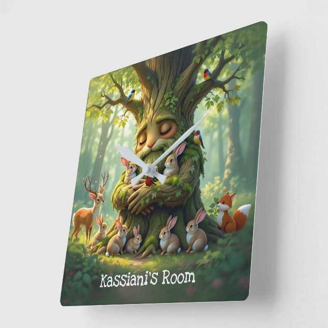Whimsical Father Tree with Woodland Creatures Square Wall Clock (Angle)
