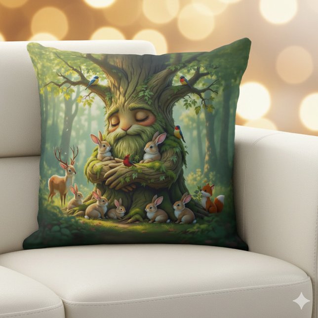 Whimsical Father Tree with Woodland Creatures Throw Pillow (Father Tree with Woodland Creatures Throw Pillow Cover Photo)